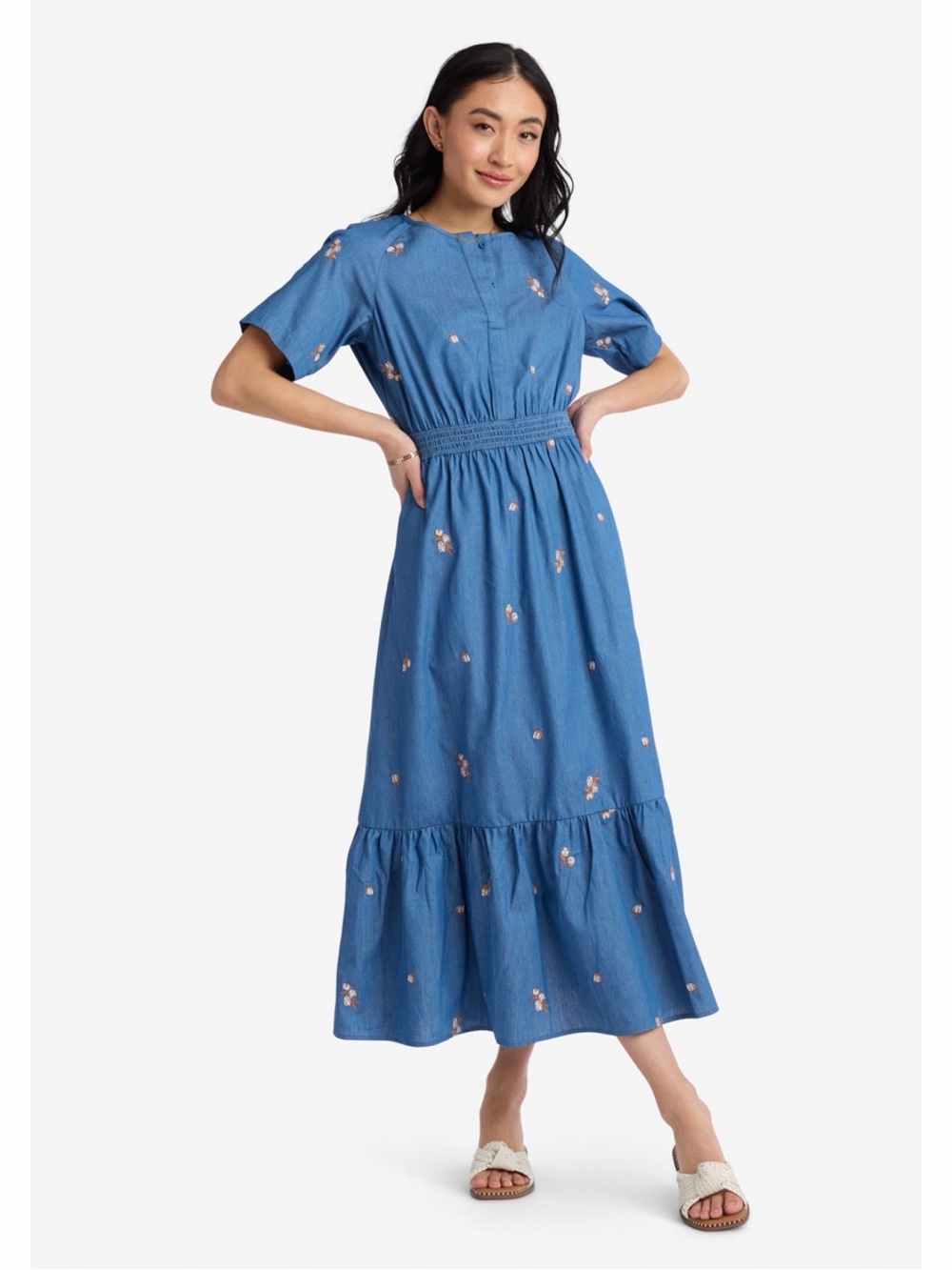 Blue Floral Embroidered Smocked-Waist Maxi Dress boutique modest clothing